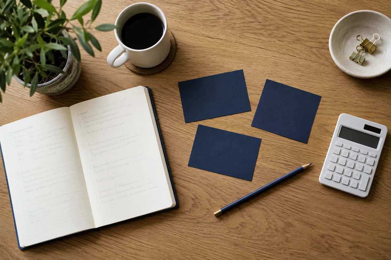 An open notebook, three navy cards and a calculator arranged on an oak desk.