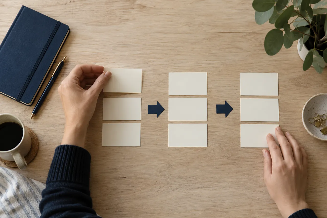 Hands arranging blank cards into groups connected by navy paper arrows.