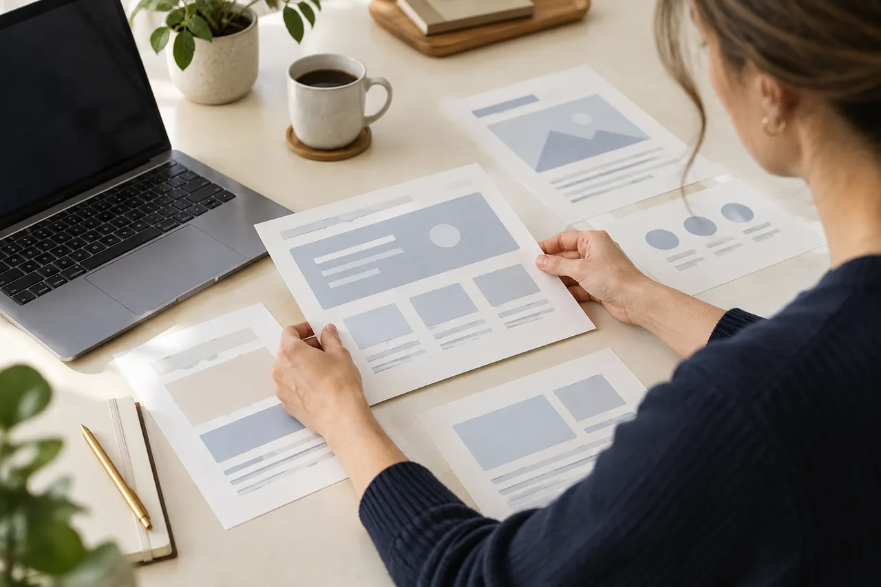 A person reviewing paper website layouts beside a laptop.