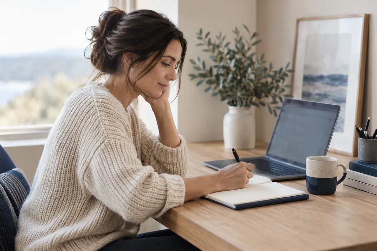 A woman writing in a notebook beside an open laptop in a sunlit workspace.
