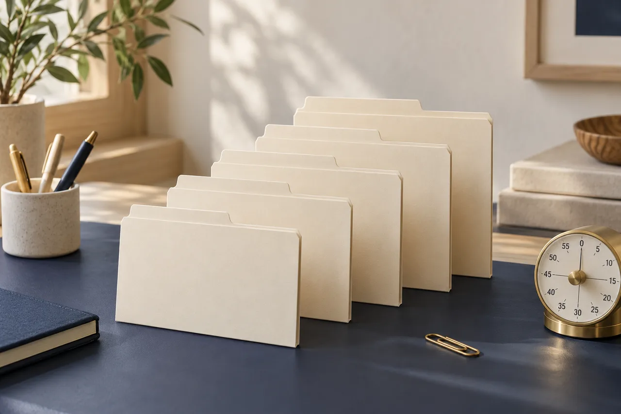 Five cream folders arranged beside a brass desk timer on a navy surface.