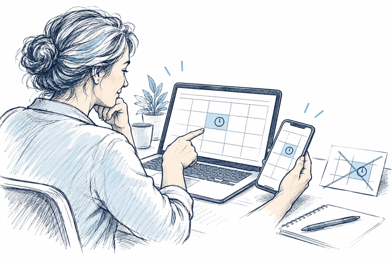 A coach compares matching calendar appointments on a laptop and phone, with an older reminder crossed out beside them.