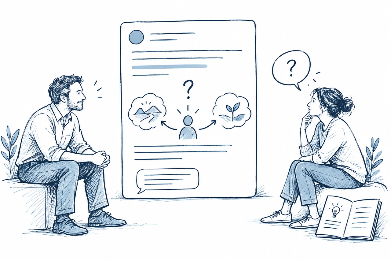 Two people discuss a social post with question bubbles and an open set of notes beside the reader.