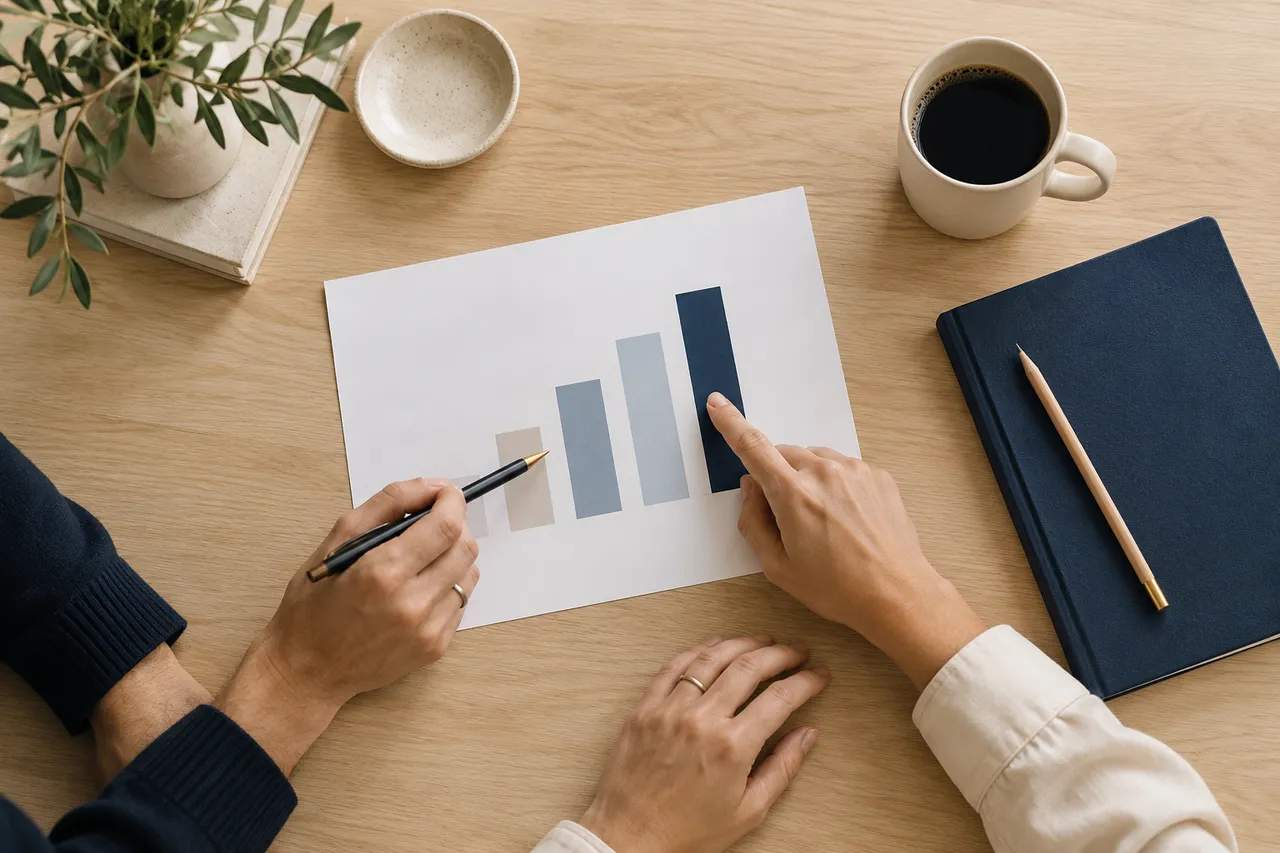 Hands reviewing an unlabeled bar chart beside a navy notebook on a wooden desk.