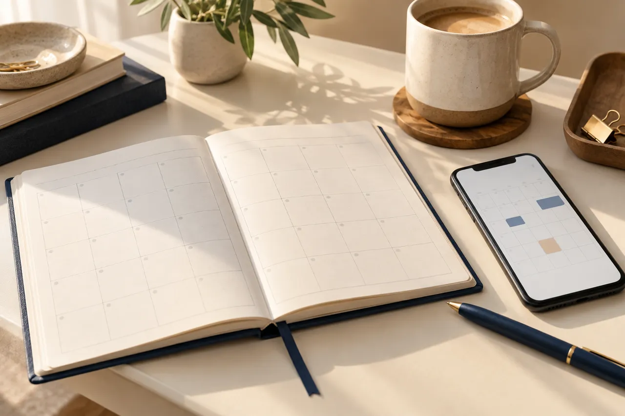 An open appointment planner beside a phone calendar and navy pen.