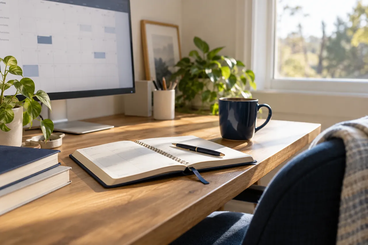 An open planner and navy cup beside a desktop calendar in a sunlit office.