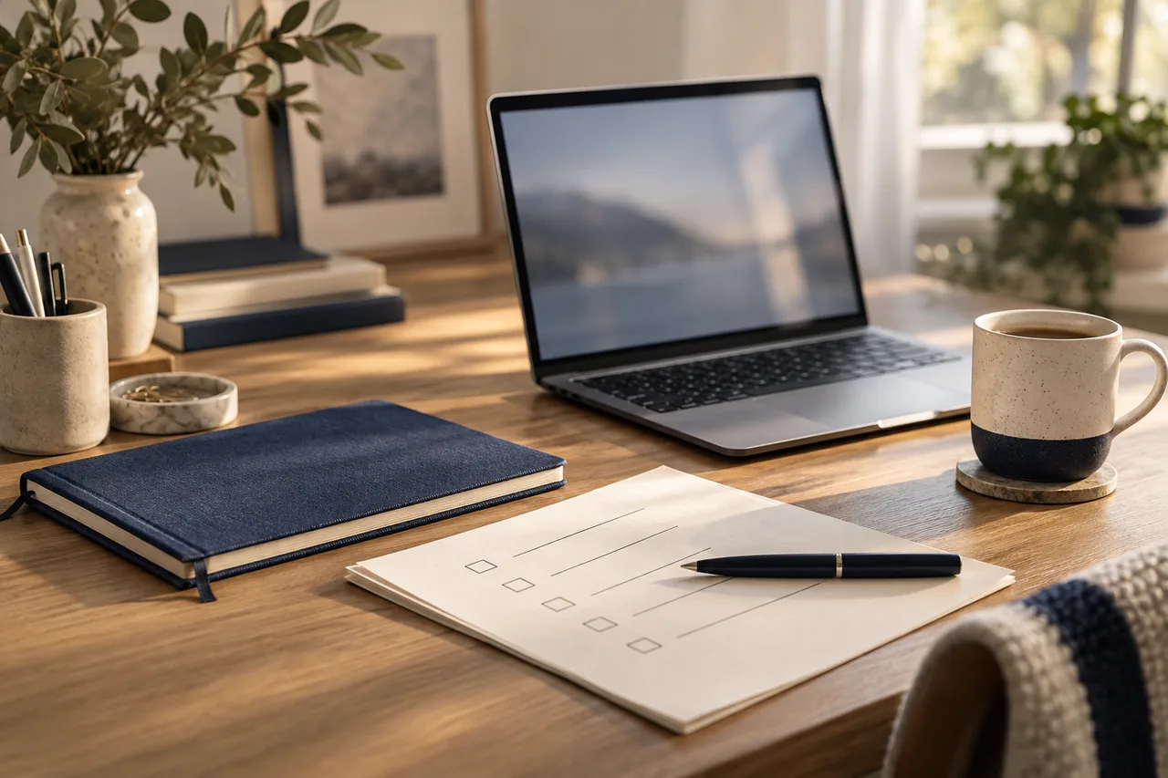 A laptop, navy notebook and simple workflow checklist on an oak desk.