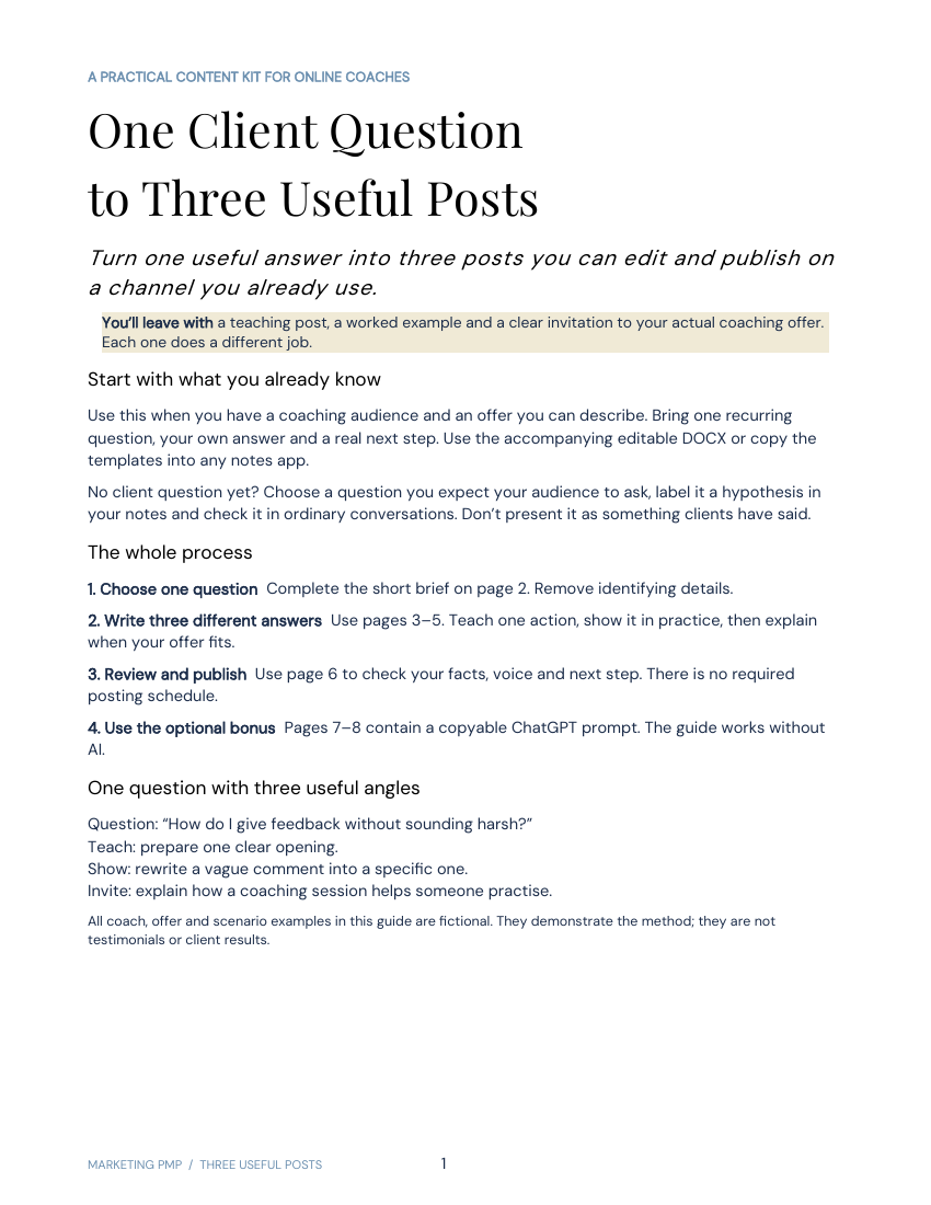 PDF guide cover: One Client Question → Three Useful Posts