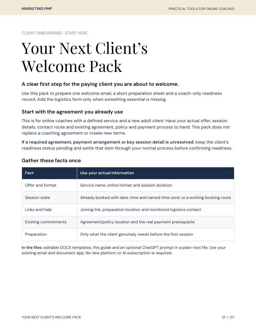 Actual PDF cover: Your Next Client’s Welcome Pack