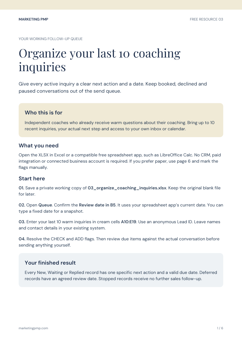 Actual PDF cover: Organize Your Last 10 Coaching Inquiries