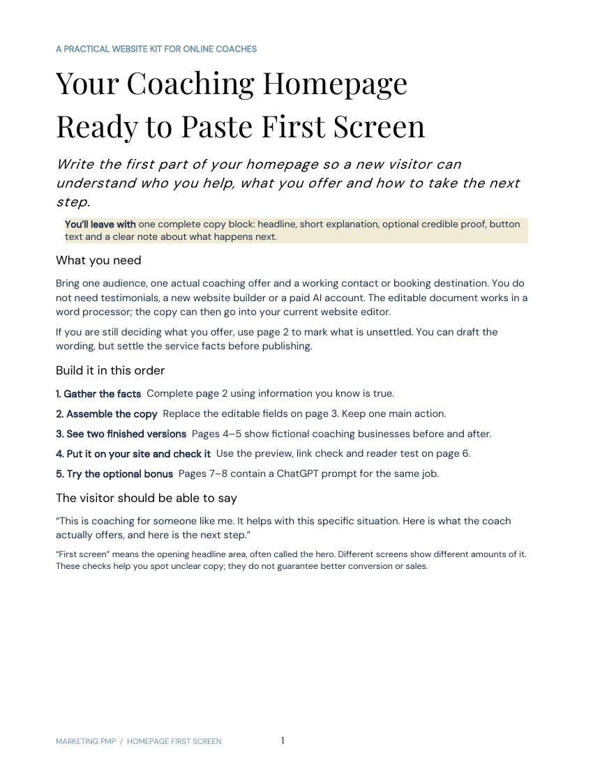 Actual PDF cover: Your Coaching Homepage: Ready-to-Paste First Screen